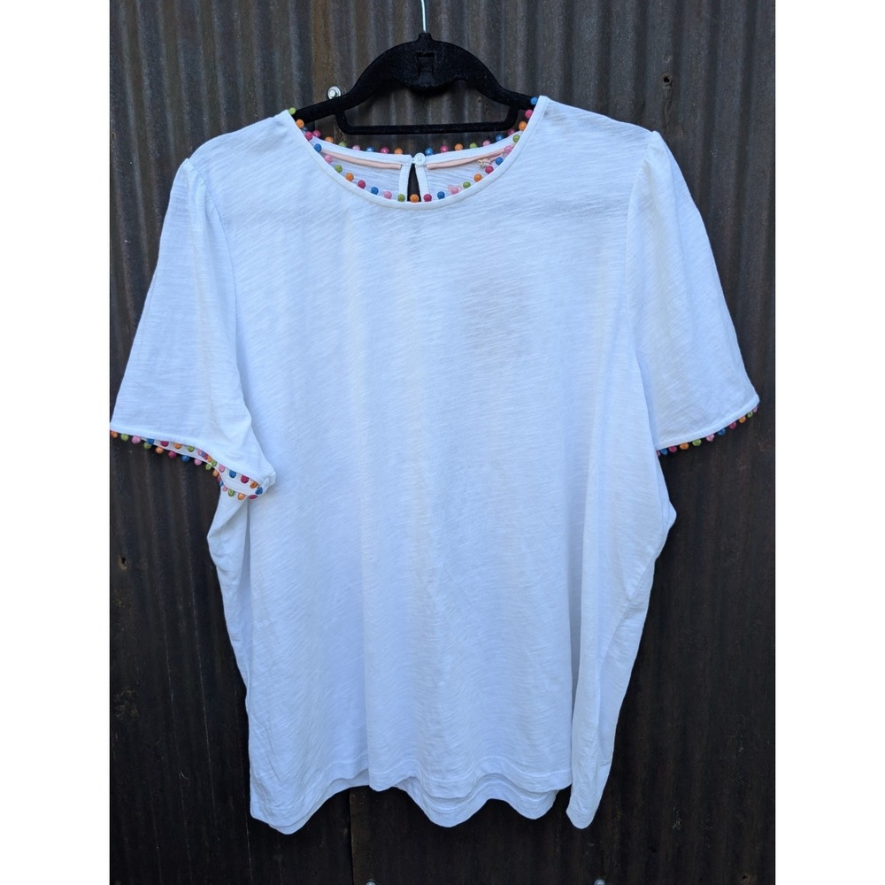 Boden Charlie T-Shirt Girls Size 16/18 White Pom Pom Colorful Classic Summer
